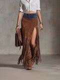 Tassel-Patchwork Denim Irregular Suede Skirt