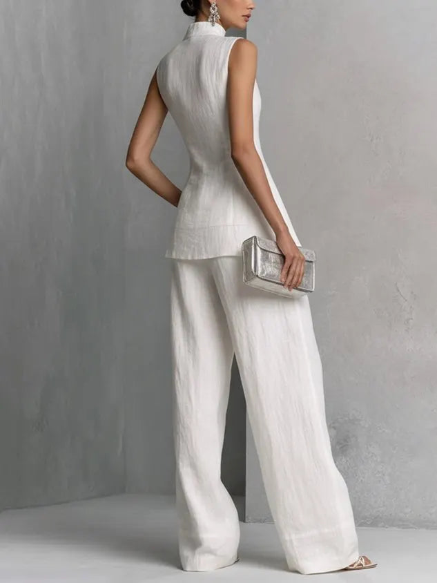 Elegant Linen Sleeveless Vest Stand Collar Asymmetrical Hem Office Wear