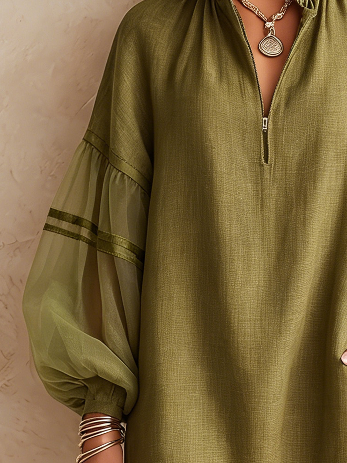 Olive Green Mini Dress With Sheer Puff Sleeves And Frayed Hem