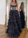 Shiny Sequinned Patchwork Sleeveless Tube Ruffled Evening Chiffon Maxi Dresses