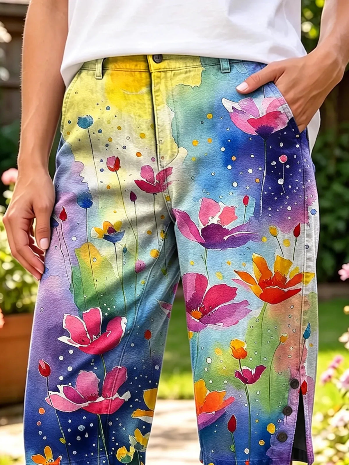 Ethnicity Colorful Watercolor Flowers Women's Art Print Casual Cotton Denim Pants