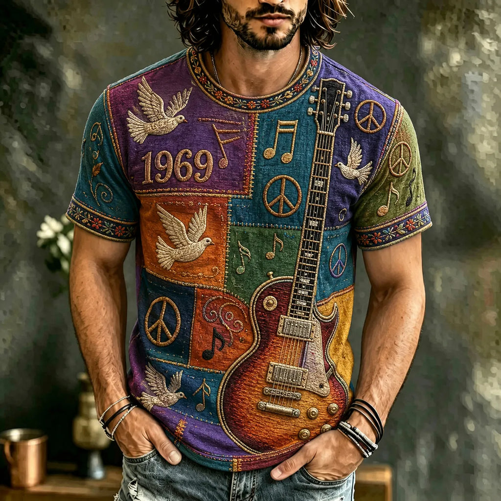 Men's Hippie Music Guitar Pattern Patchwork Print T-shirt