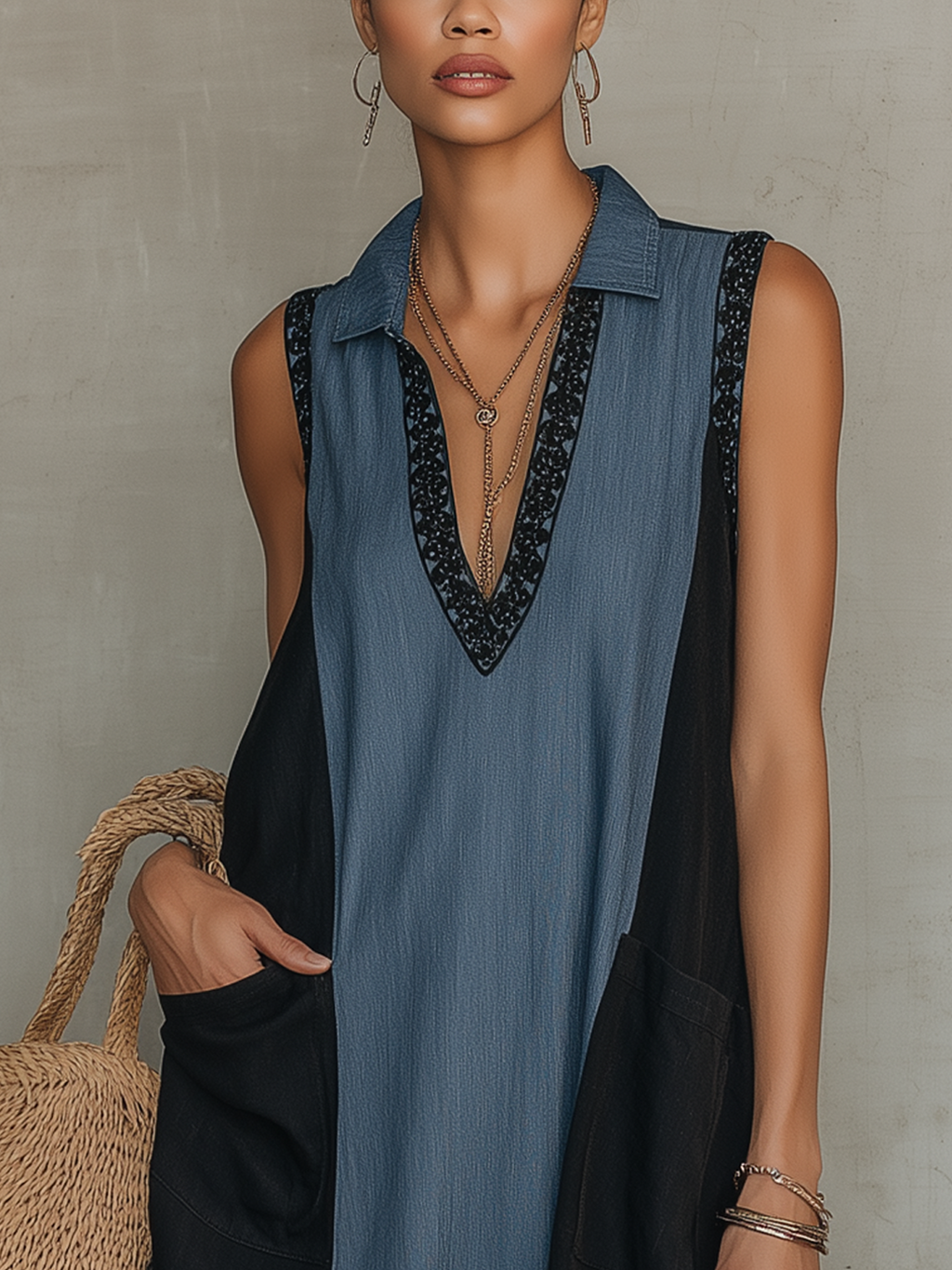 Colorblock Denim Lace Trim Collared Sleeveless Mini Dress