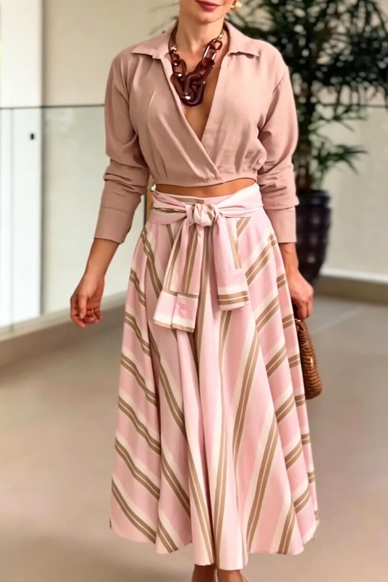Women Elegant Casual Collar Top or Vertical Stripe Half Skirt