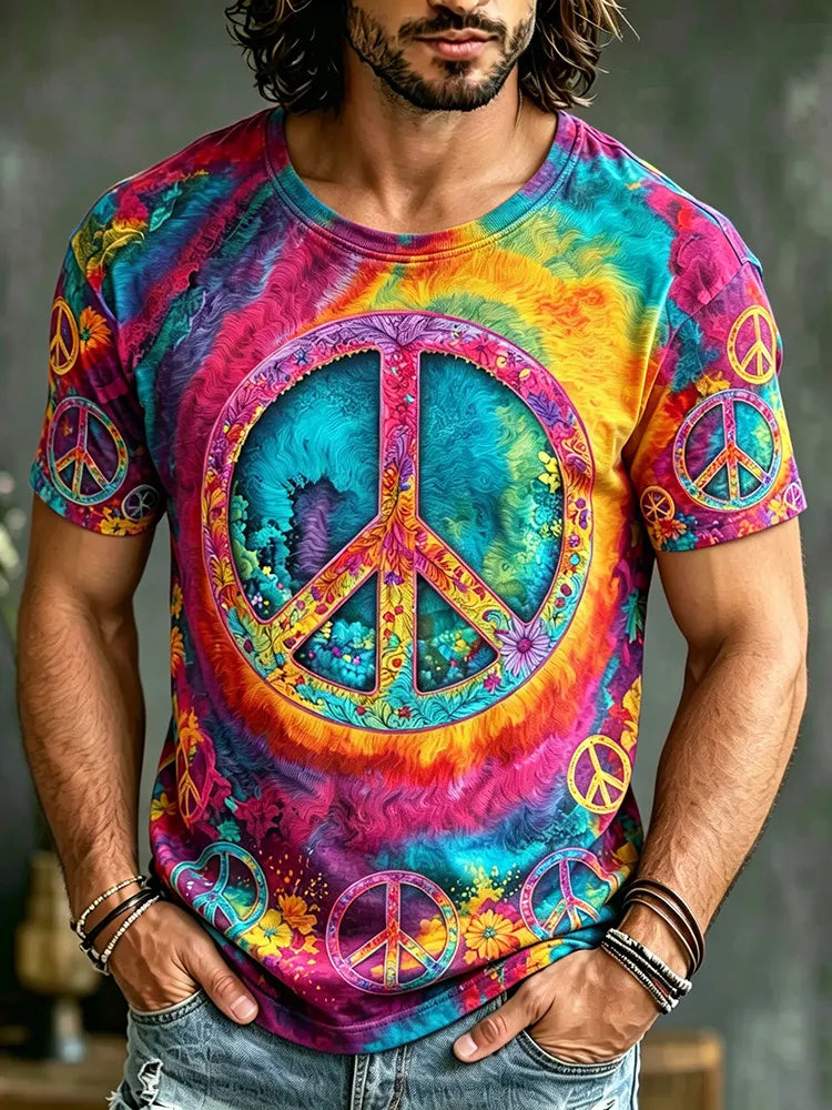 Men's Hippie Tie-dye Style Peace Symbol Floral Print Casual T-shirt