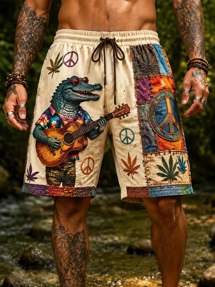 Men's Fun Crocodile Playing Guitar Art Print Casual Shorts