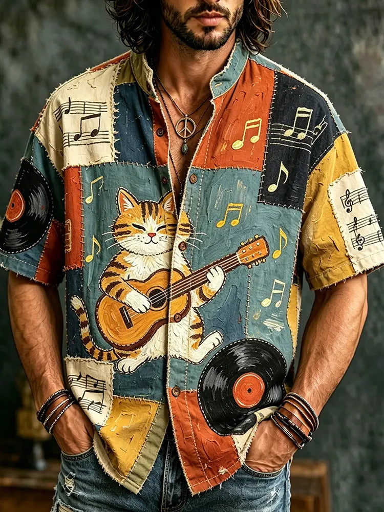 Men's Hippie Peace And Love Music With Cute Cat Patchwork Art Print Casual Shirt