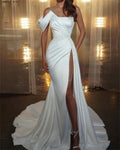 Women's White Slit Pearl Evening Dress