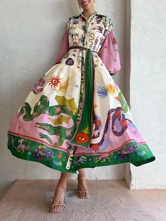 Colorful Print Lantern Sleeve Shirtdress Maxi Dress