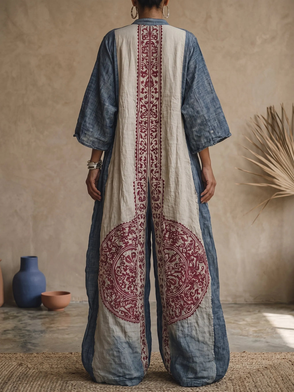 Women's Vintage Print V-neck 3/4-sleeve Cotton-linen Jumpsuit