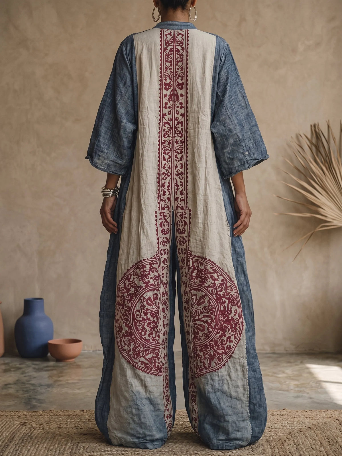 Women's Vintage Print V-neck 3/4-sleeve Cotton-linen Jumpsuit