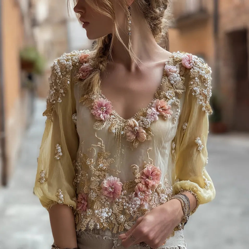 Bohemian Style Plant And Flower Embroidery Women's Round Neck Long Sleeve Cotton And Linen Top