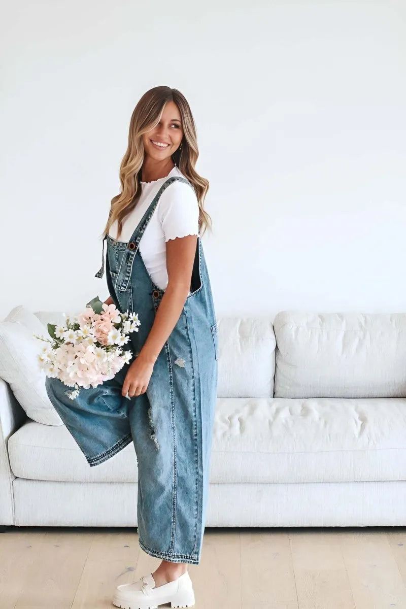 Women's Casual Adjustable Straps Denim Bib Overalls Distressed Ripped Wide Leg Jeans Long Pants Jumpsuits