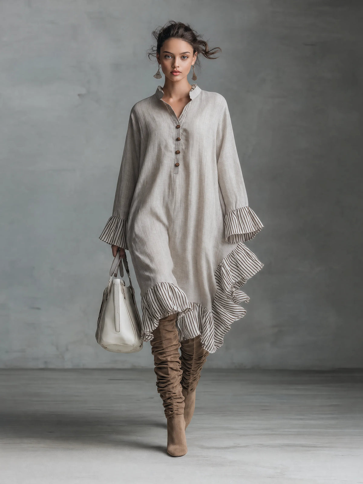 Women's Minimalist Striped Color-Block Midi Dress With Long Sleeves, Stand Collar, And Asymmetrical Hem MDZ0805G9WY