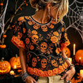 Women's Retro Halloween Skull Floral Art Casual Crew Neck Short Sleeve T-shirt
