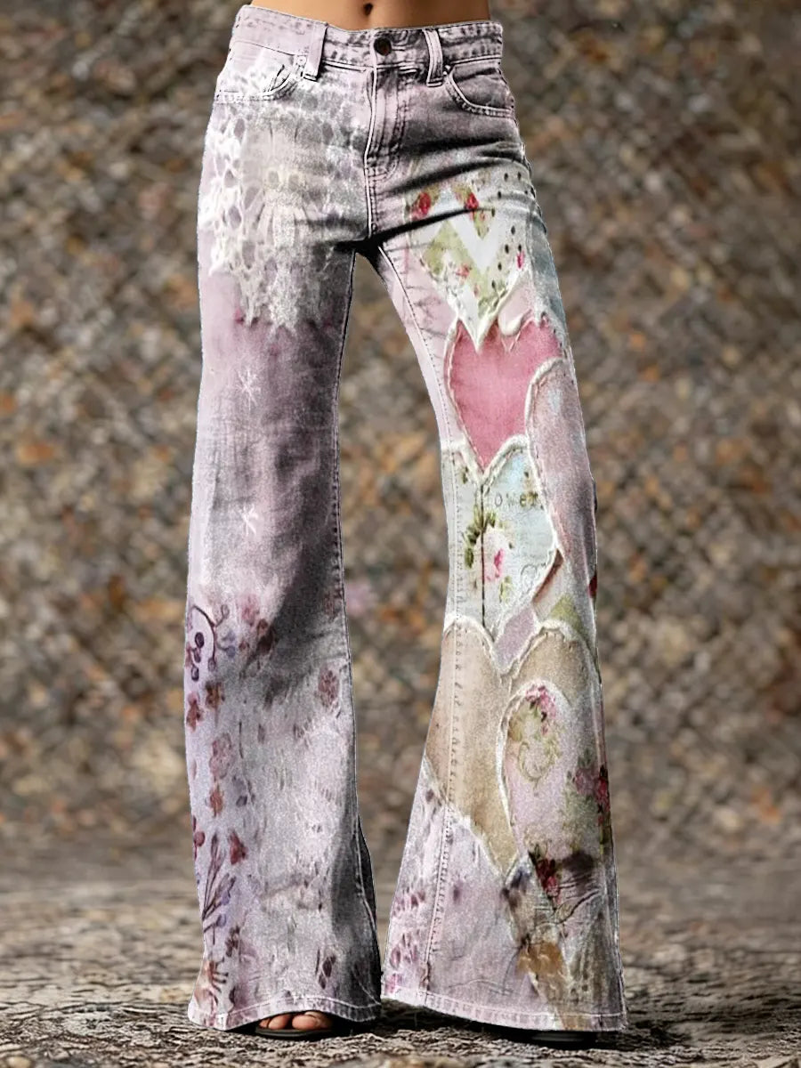 Women's Heart Patchwork Art Print Washed Pants