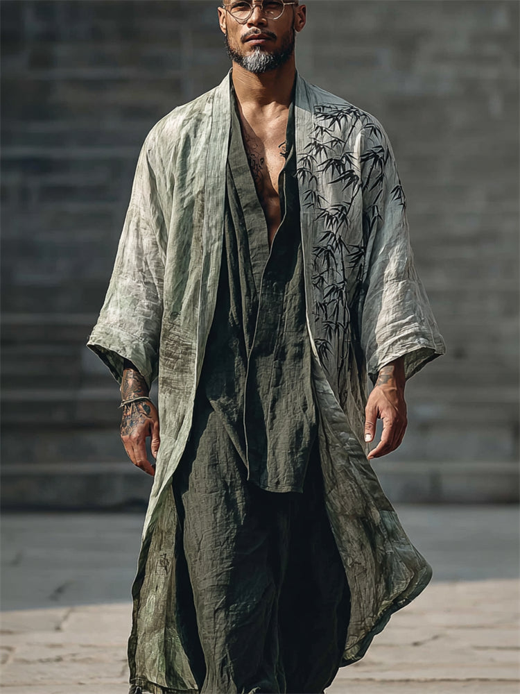 Men's Japanese Bamboo Art Flowy Linen Long Kimono