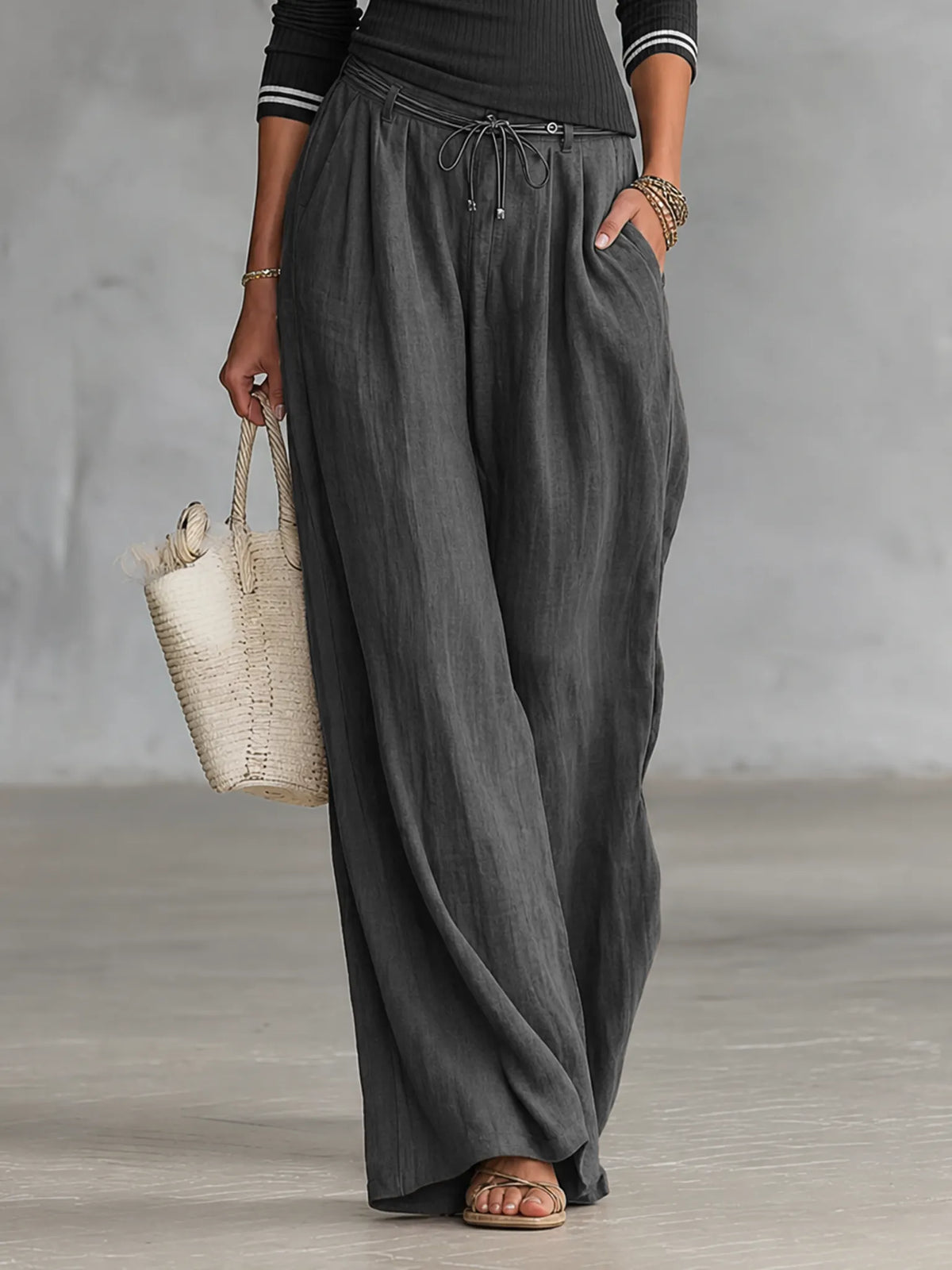 Women's Casual Ribbed Sweater And Wide-Leg Pants Set MDZ2736G1WY