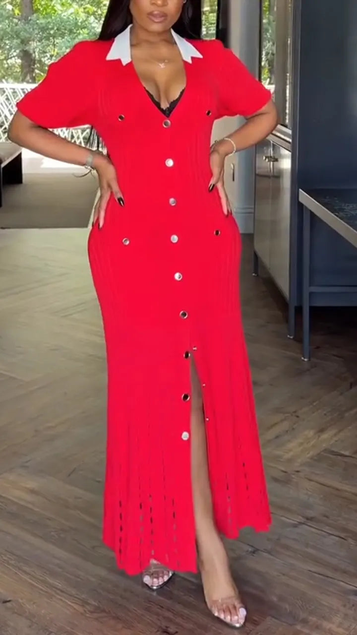 Women Lapel Buckle with Slit Elegant Temperament Dress