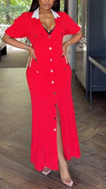 Women Lapel Buckle with Slit Elegant Temperament Dress