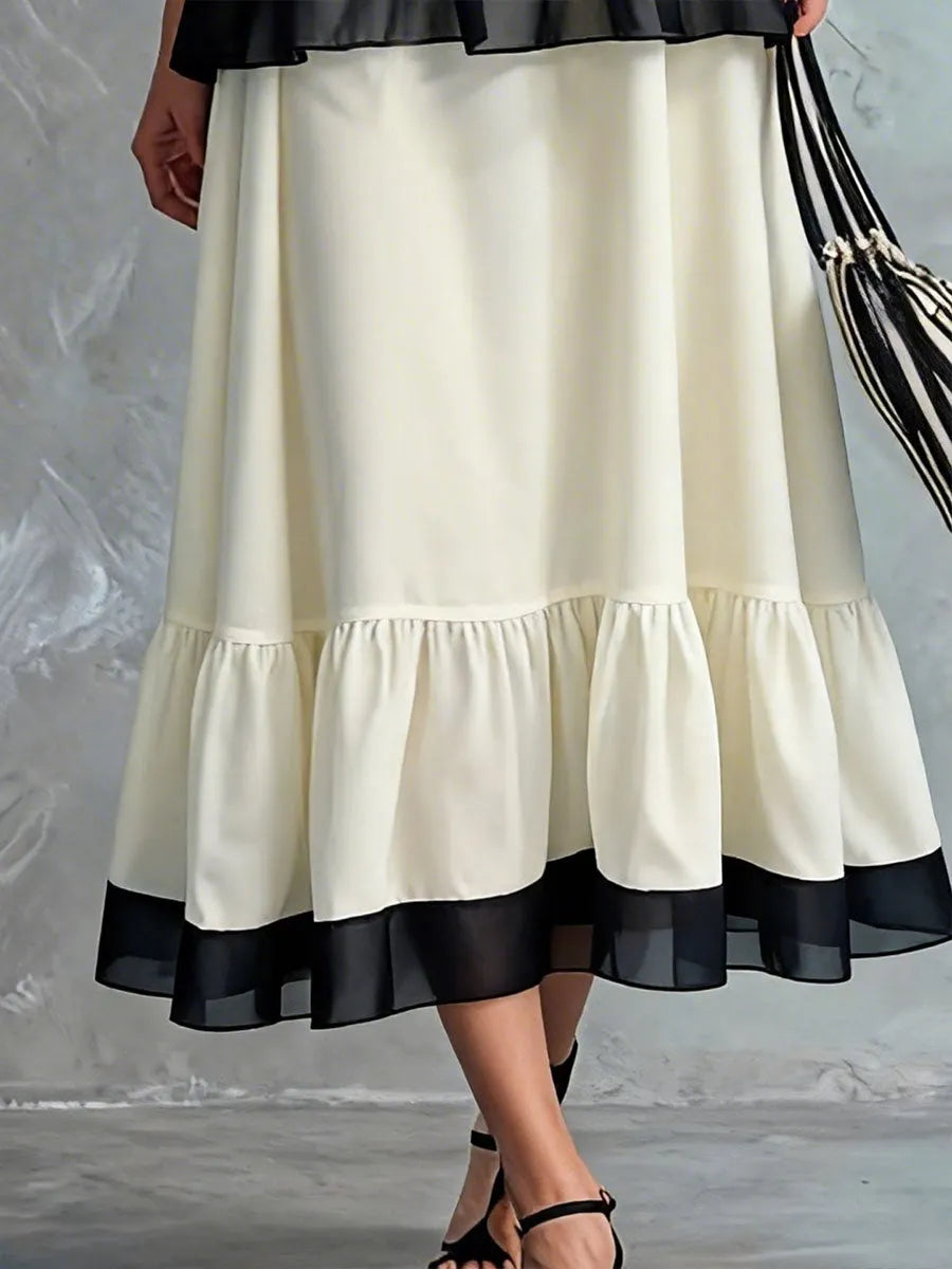 Women's Black And White Color-block Halter Neck With Pleating Sleeveless Dress