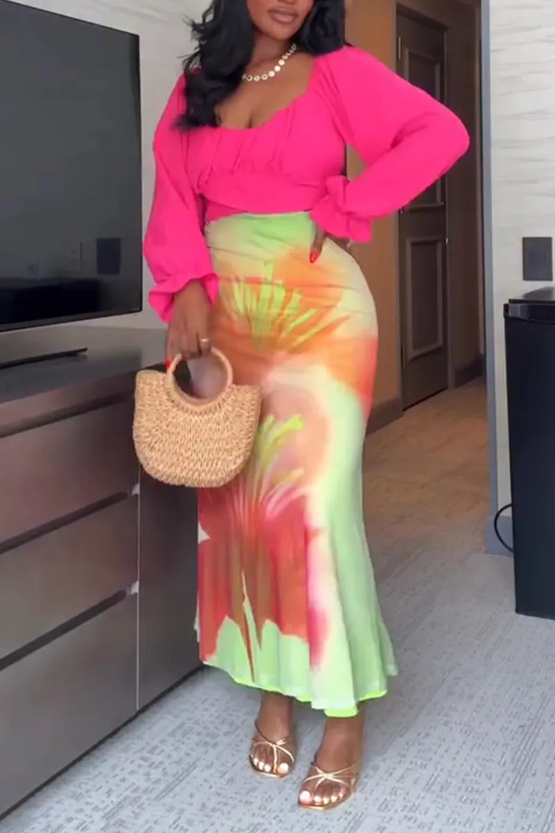 Women Elegant Temperament Solid Color Top or Printed Half Skirt