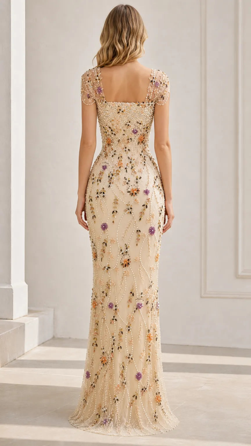 Floral Beaded Cap Sleeve Column Evening Gown with Square Neckline