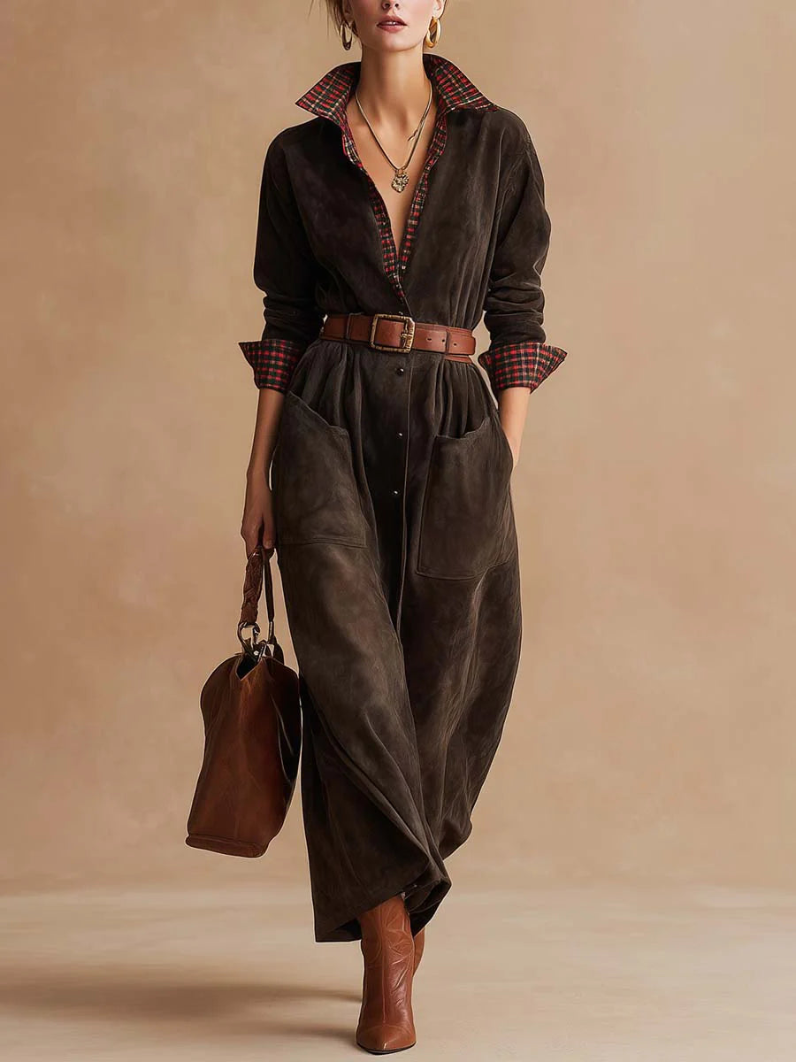 Retro dark brown suede patchwork plaid collared dress（Includes belt）