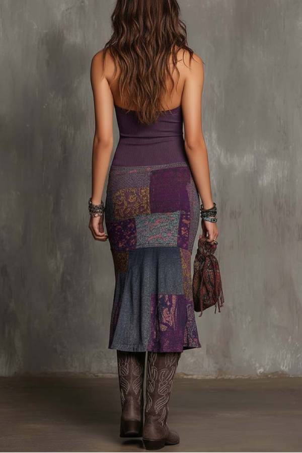 Retro Halter-Neck Knitted Floral Patchwork Midi Dress