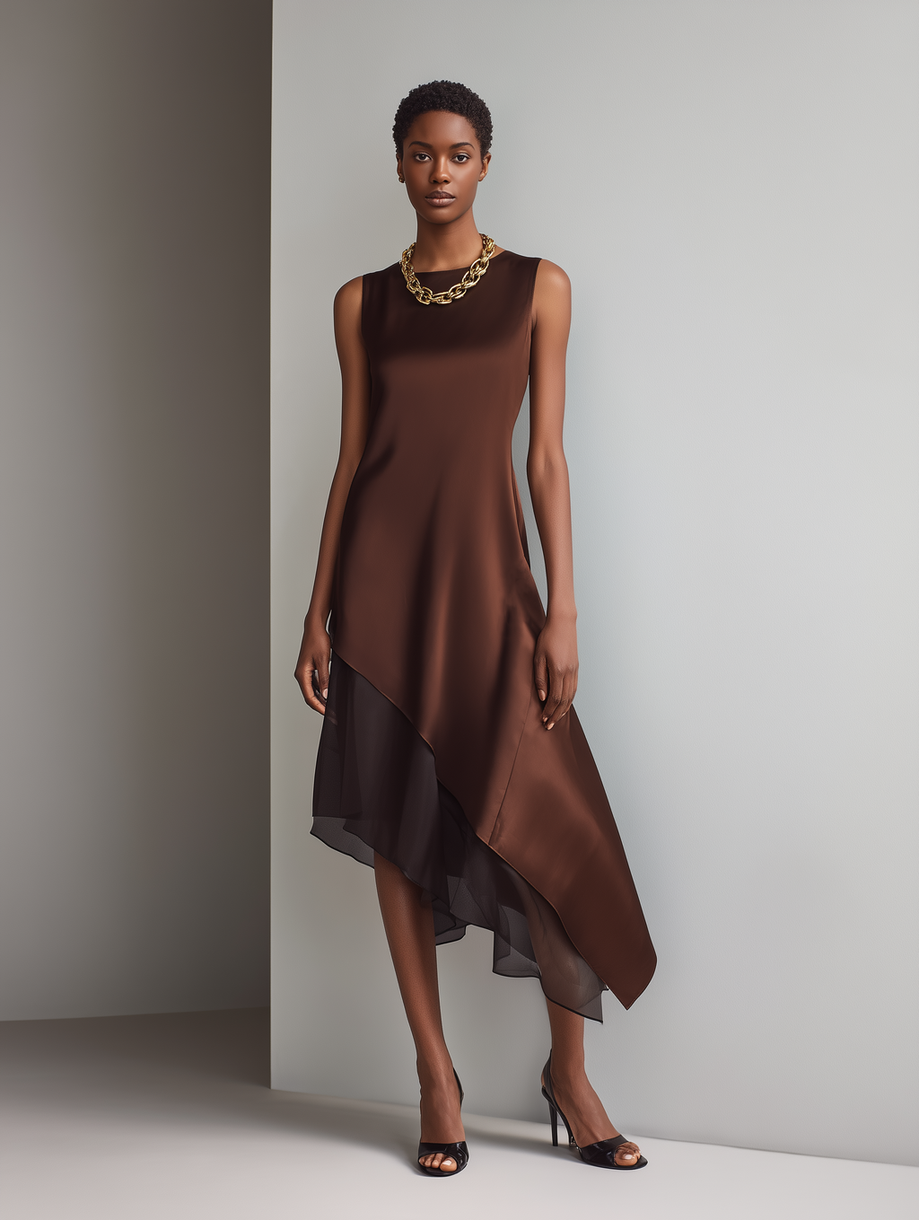 Women's Minimalist Faux Acetate & Chiffon Paneled Midi Dress — Sleeveless, Crew Neck, Asymmetrical Hem MDZ2580D3Y