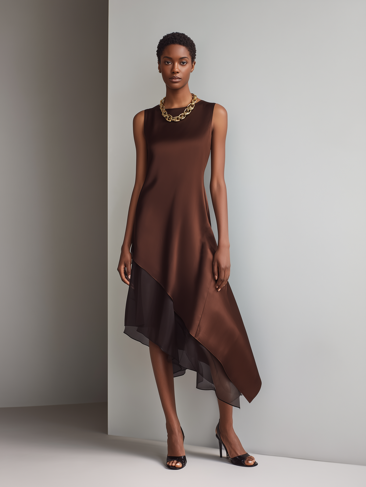 Women's Minimalist Faux Acetate & Chiffon Paneled Midi Dress — Sleeveless, Crew Neck, Asymmetrical Hem MDZ2580D3Y