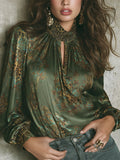 Elegant Leopard Print Satin Blouse With Keyhole Neckline