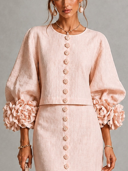 Pink Floral Button-front Top And Skirt Set Featuring Striking Floral Cuffs