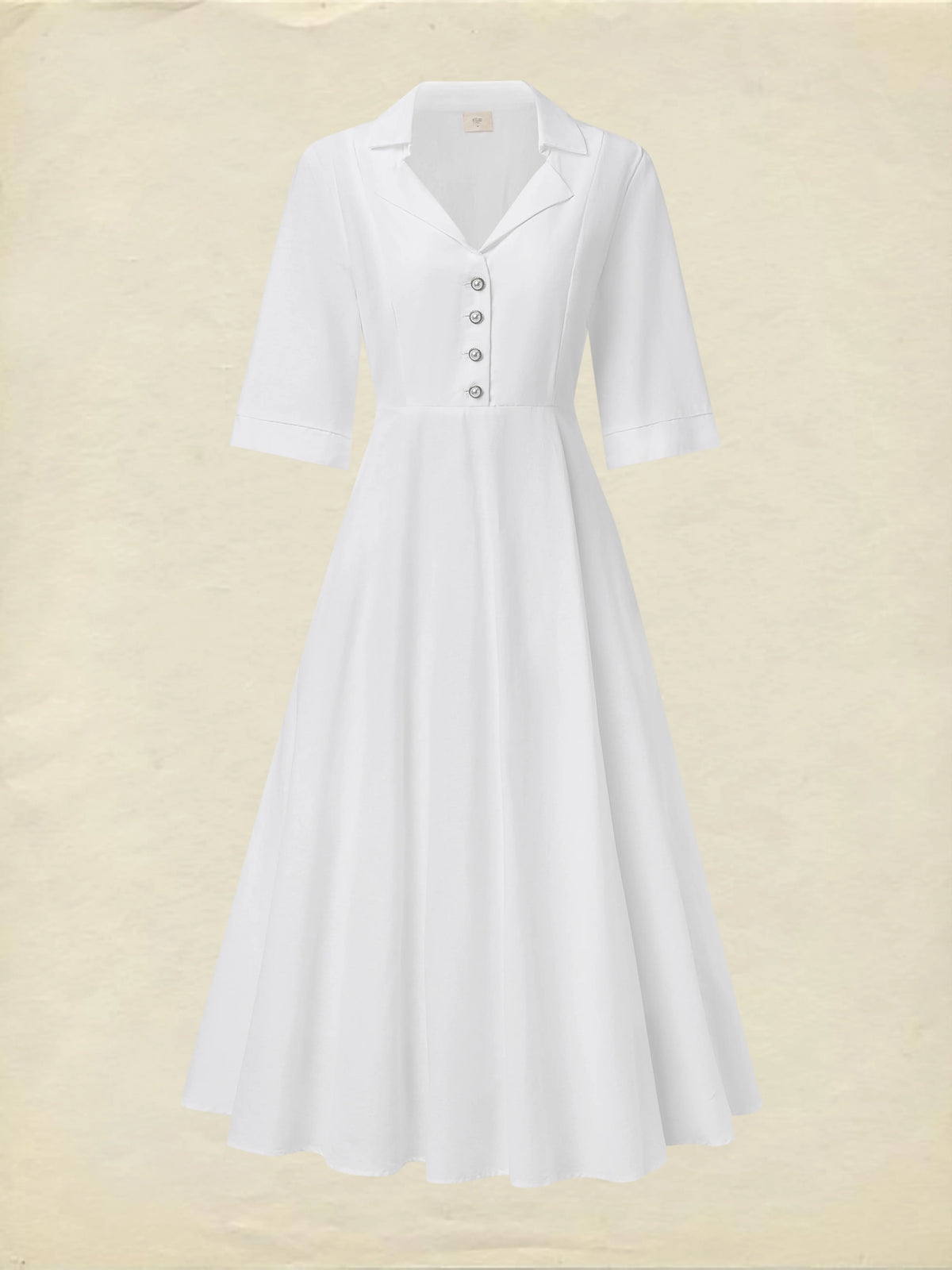 Linen Maxi Dress, Half Sleeve, Shawl Collar, Plain, Vintage, White
