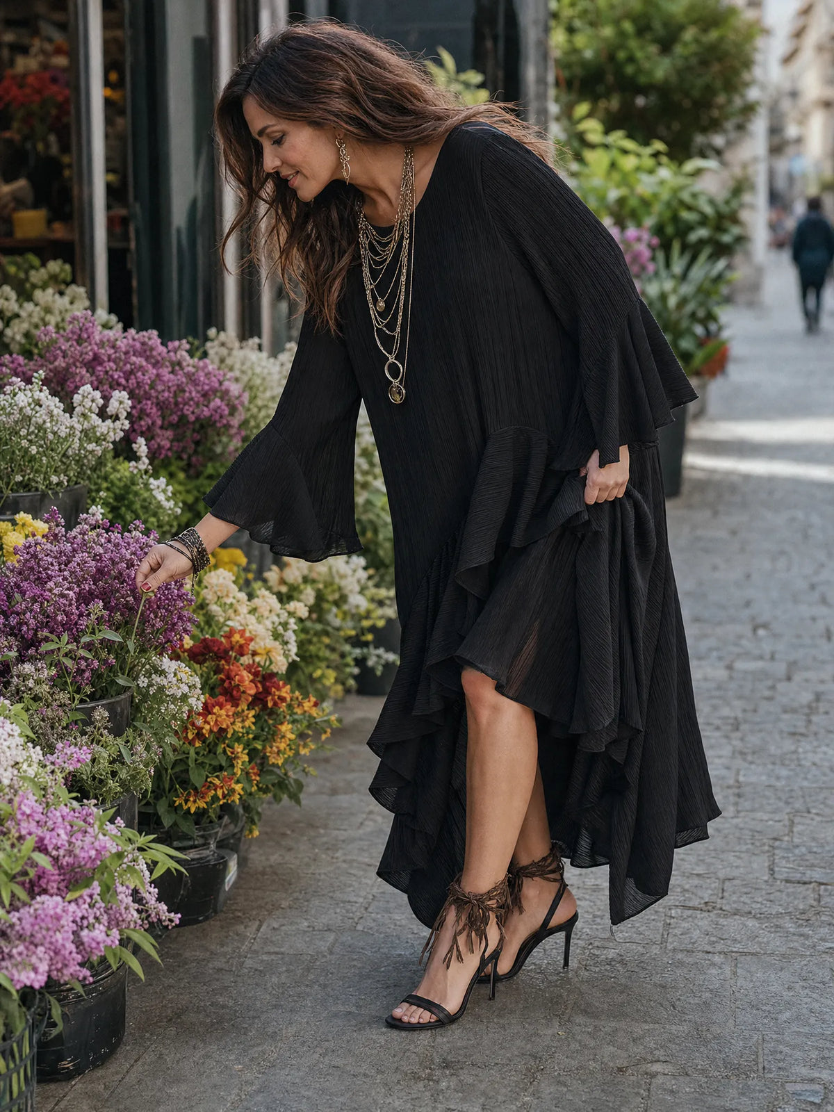 Elegant Asymmetric Ruffle Black Boho Midi Dress