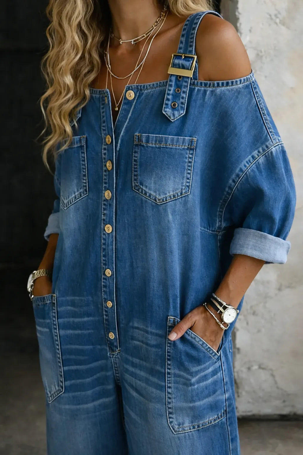 Off Shoulder Denim Jumpsuit - Casual Women's One Piece