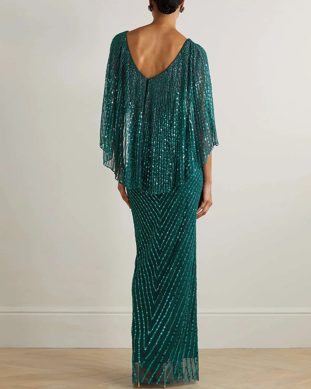 Cape-effect sequin-embellished tulle gown