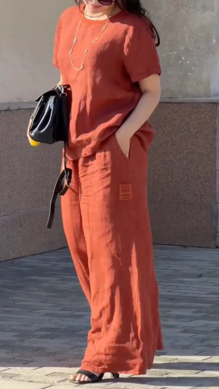 Rust Linen Short Sleeve Casual Two Piece Set