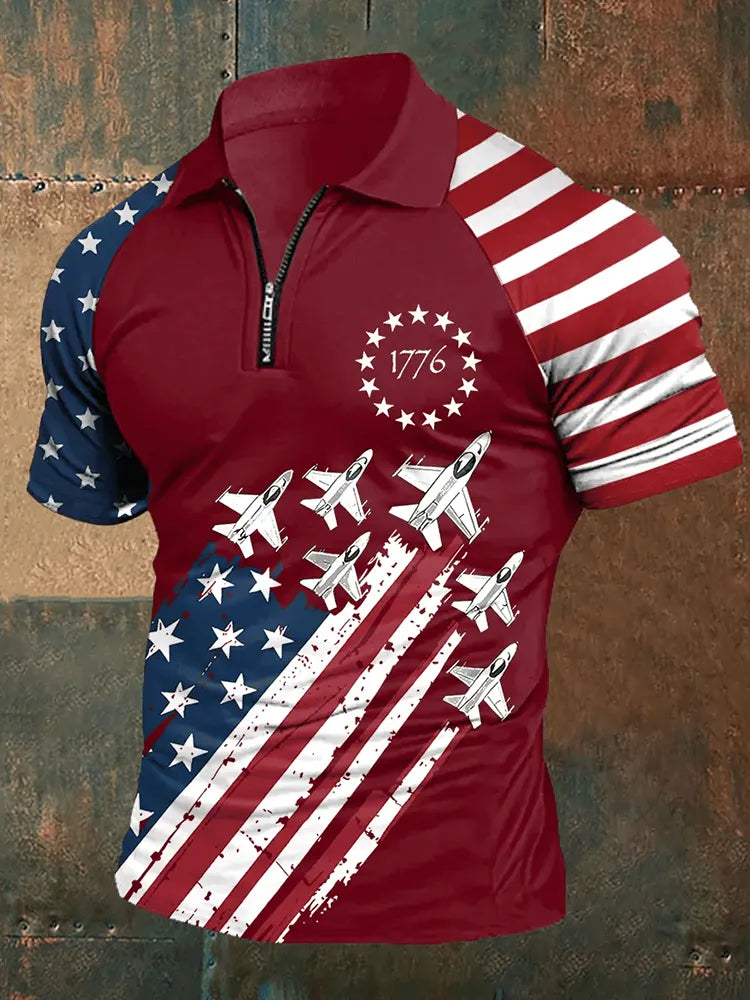 Men's Independence Day American Flag 1776 Zip-up Polo Shirt