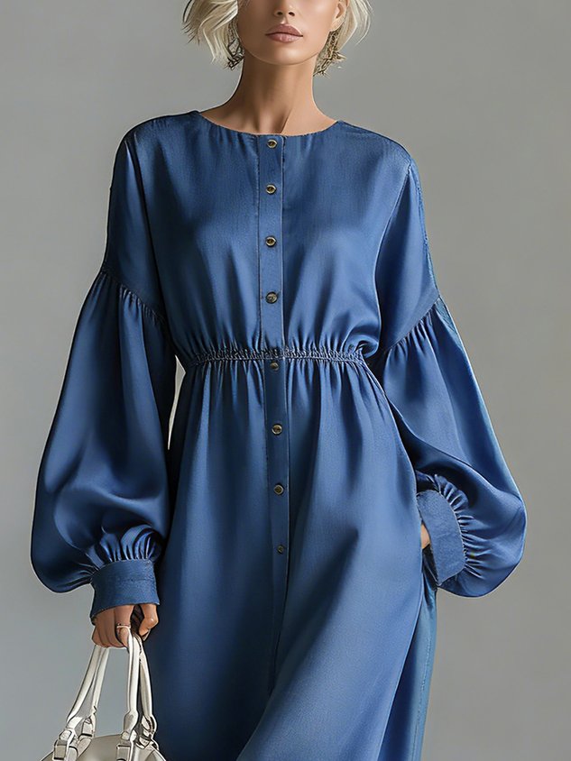Faux Denim Casual Plain Balloon Sleeve Ruched Crew Neck Maxi Dress