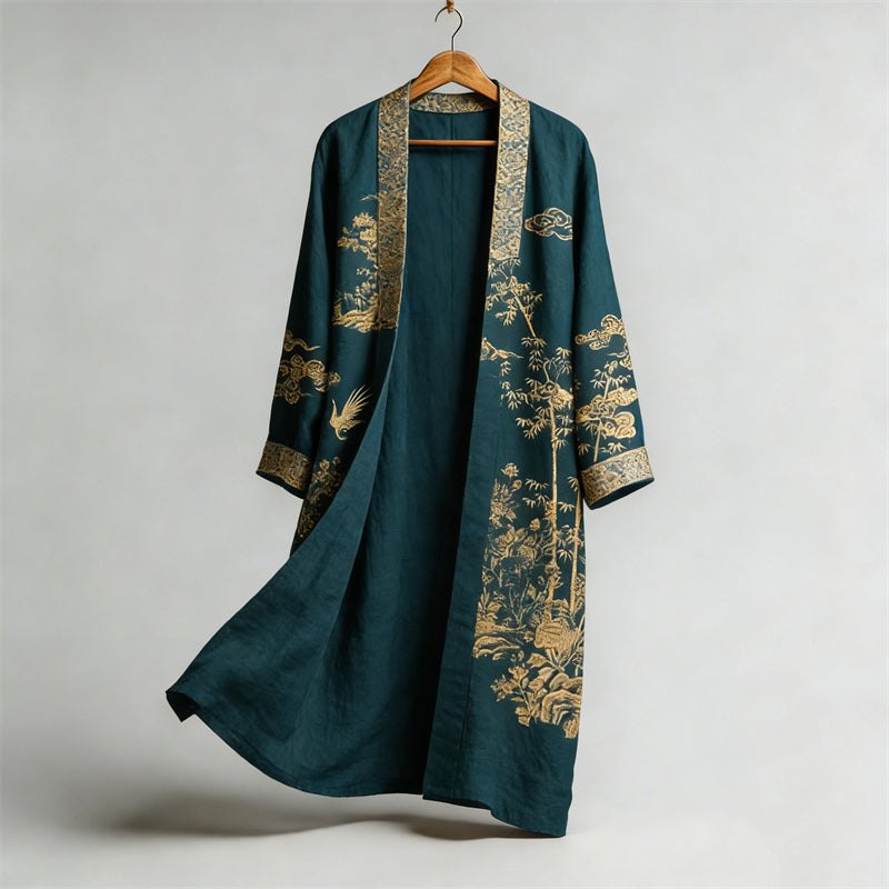 Japanese Bamboo Landscape Flowy Long Linen Kimono