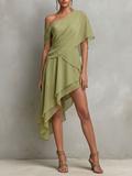 Women's Sage Green Sheer Chiffon Dress With Asymmetrical Neckline & High-Low Hem, Modern Effortless-Elegant Cocktail Dress MDZ2241D8LYL