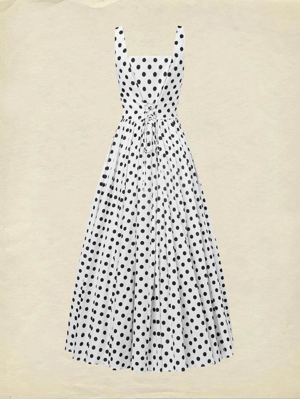Maxi Cotton Dress , Sleeveless, Square Neck, Polka Dots, Suspenders, Vintage, White