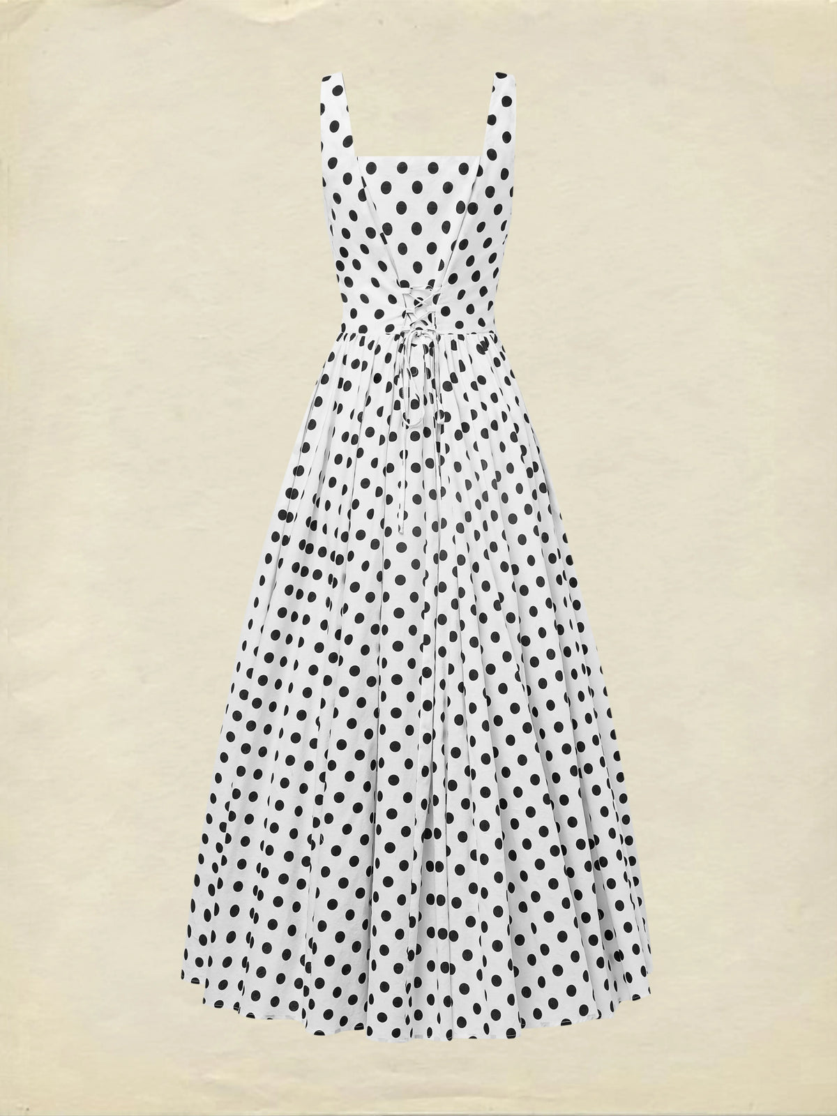 Maxi Cotton Dress , Sleeveless, Square Neck, Polka Dots, Suspenders, Vintage, White