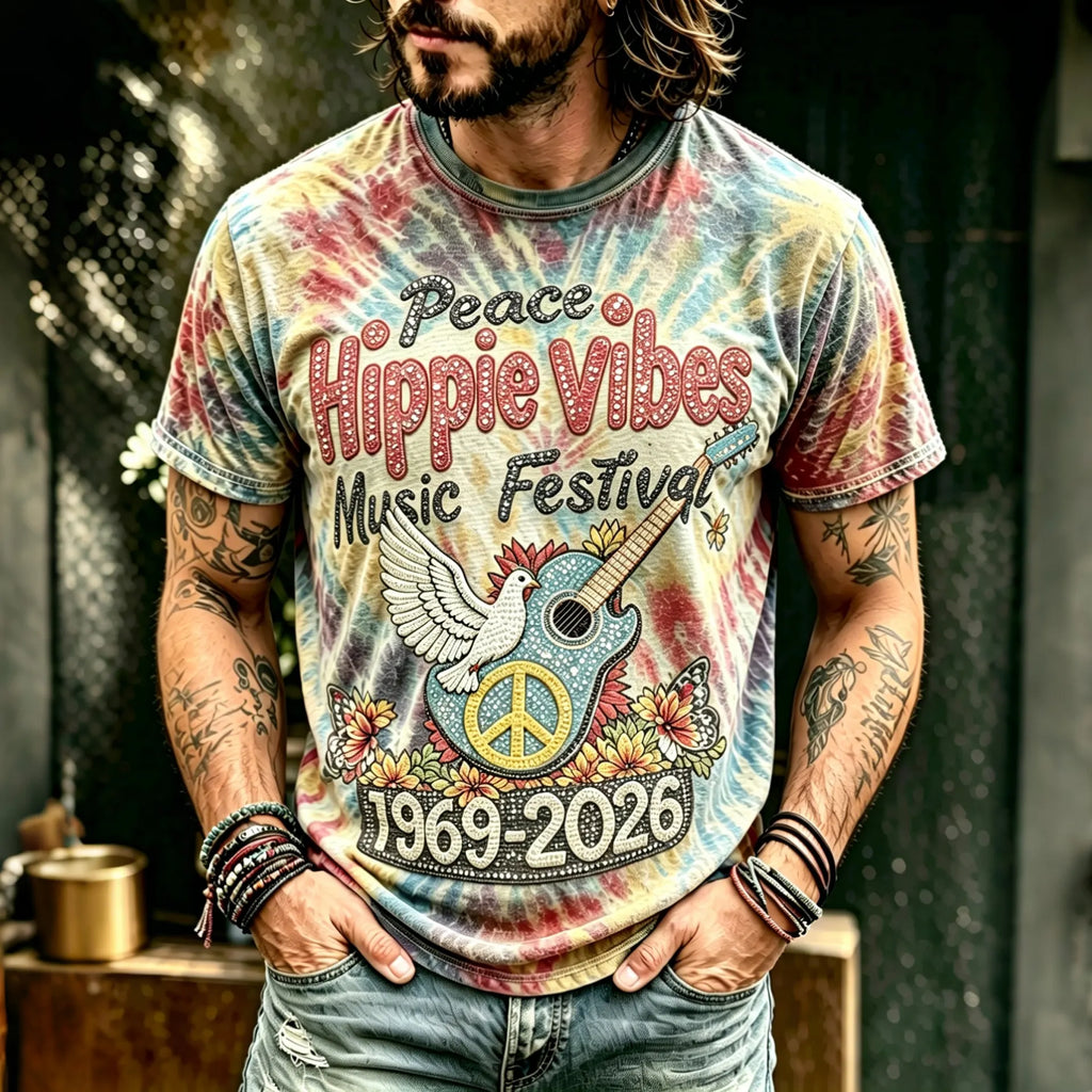 Men's Vintage 60s Tie Dye Music Art Hippie Crew Neck T-shirt