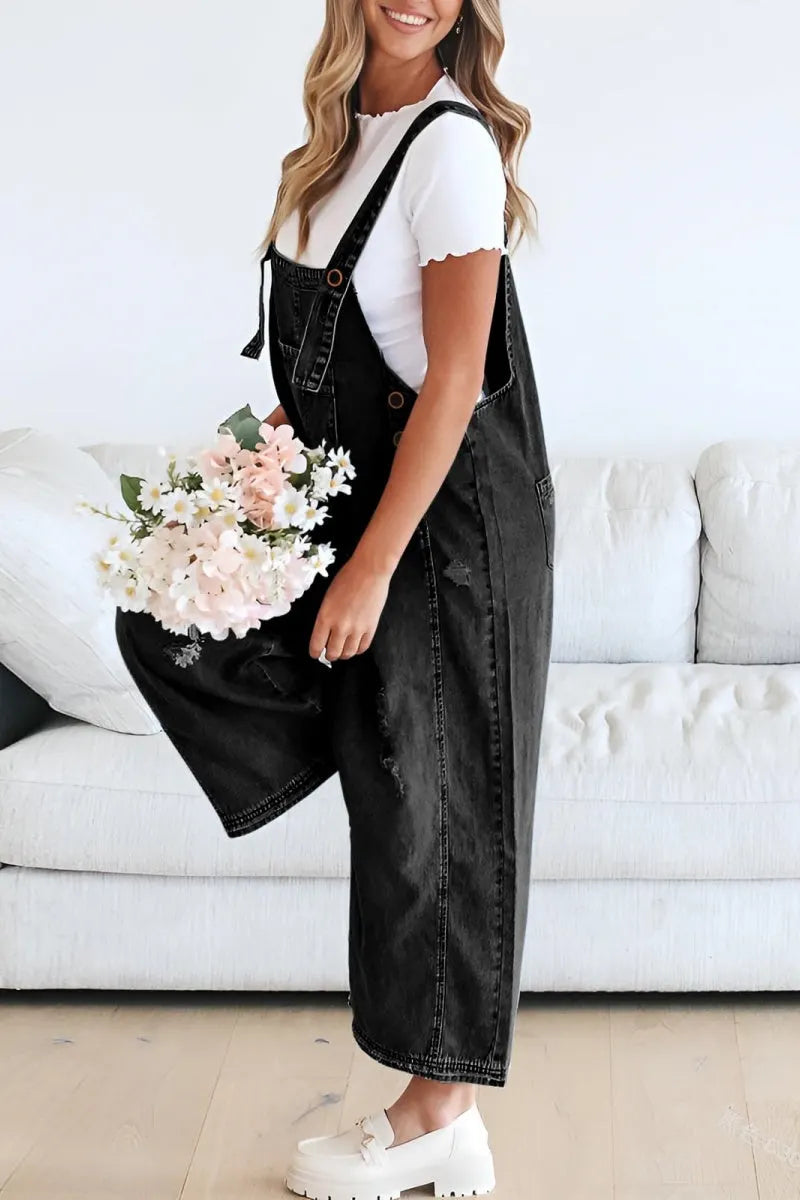 Women's Casual Adjustable Straps Denim Bib Overalls Distressed Ripped Wide Leg Jeans Long Pants Jumpsuits