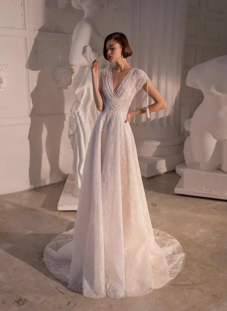 Beautiful Unique Aline Short Cap Sleeves Illusion Back Tassel Wedding Dress Bridal Gown V Neckline