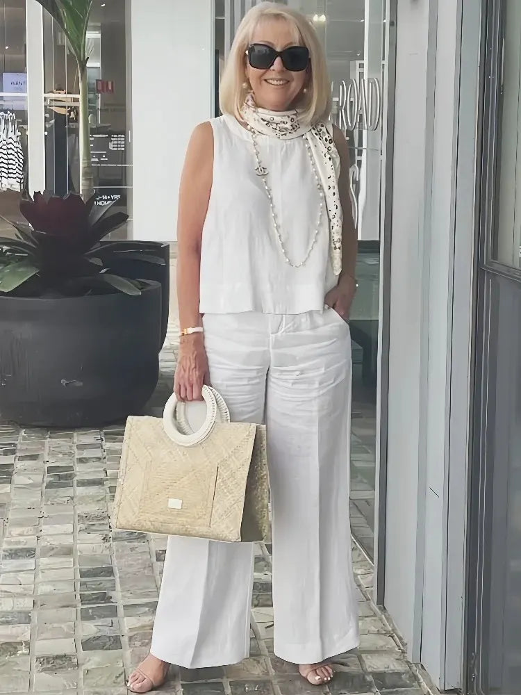 Sleeveless Solid Cotton and Linen Set for Breathable and Comfortable Holiday Two-Piece Set