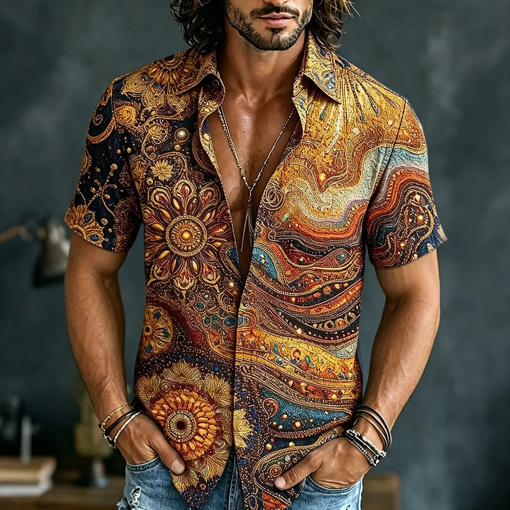 Men's Retro Hippie Gradient Pattern Short-sleeve Cotton Linen Shirt