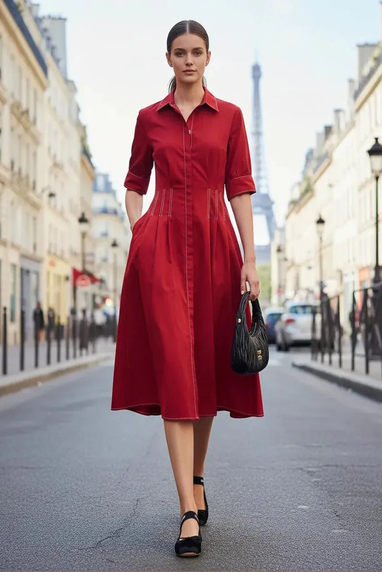 Contrast Stitch Pleated Midi Shirt Dress